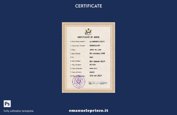 Modello PSD di certificato di morte di documenti di stato civile USA in stile ve